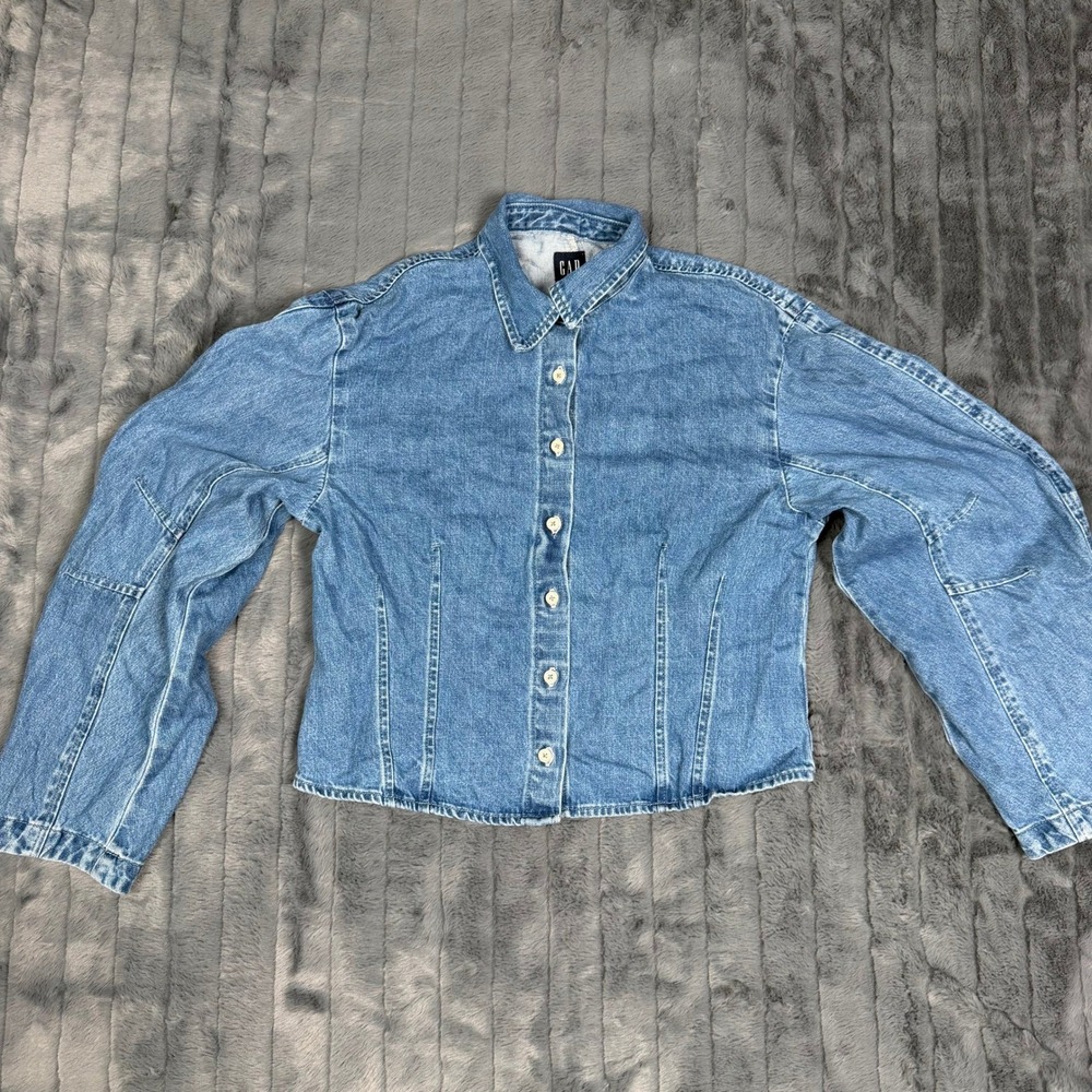 Gap Blue Denim Button Up Shirt Medium Wash Cropped Paneled Long Sleeve Cotton M